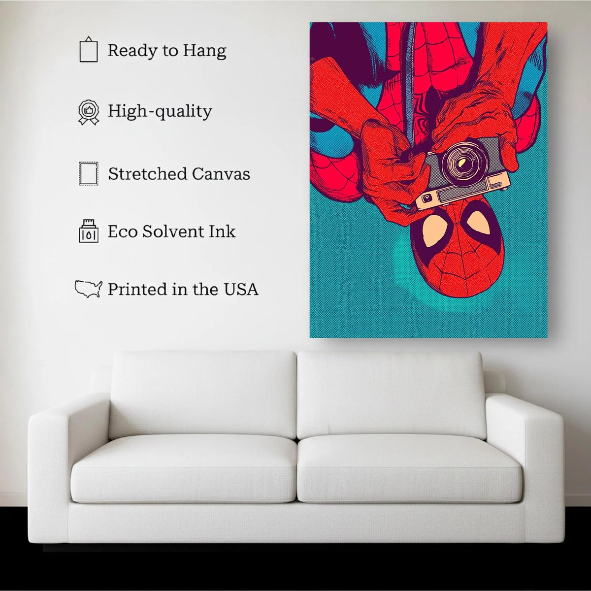Snapshot canvas hanging on a living room wall above a white sofa