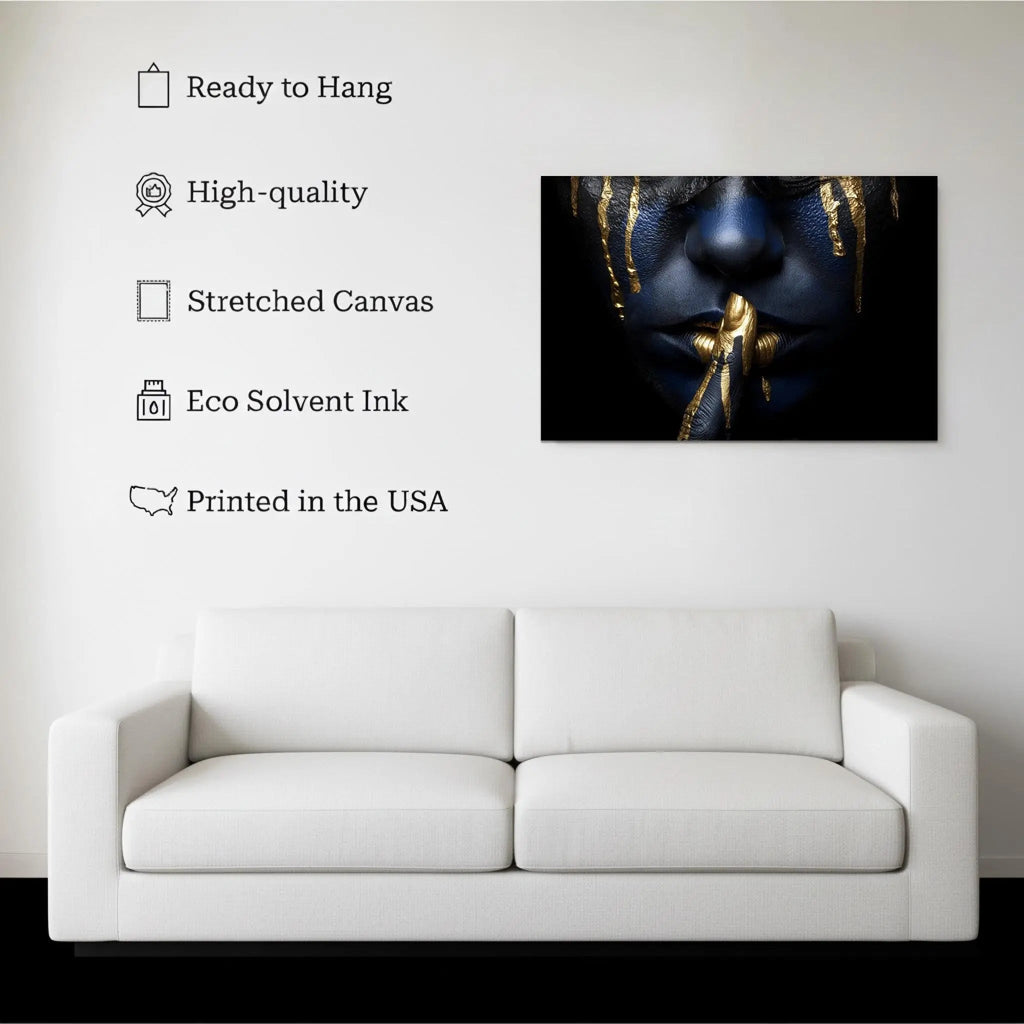 Golden Silence canvas hanging on a living room wall above a white sofa