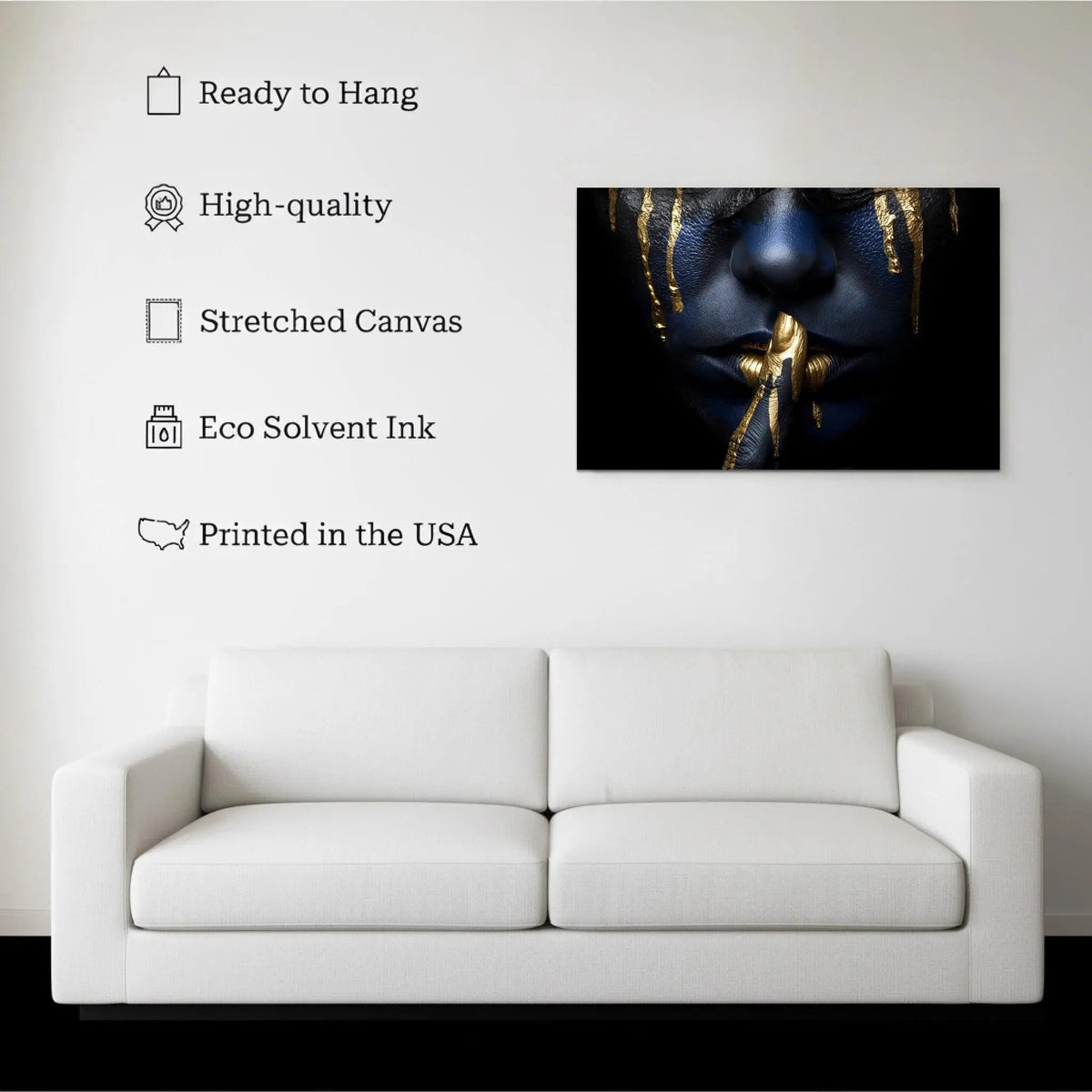 Golden Silence canvas hanging on a living room wall above a white sofa