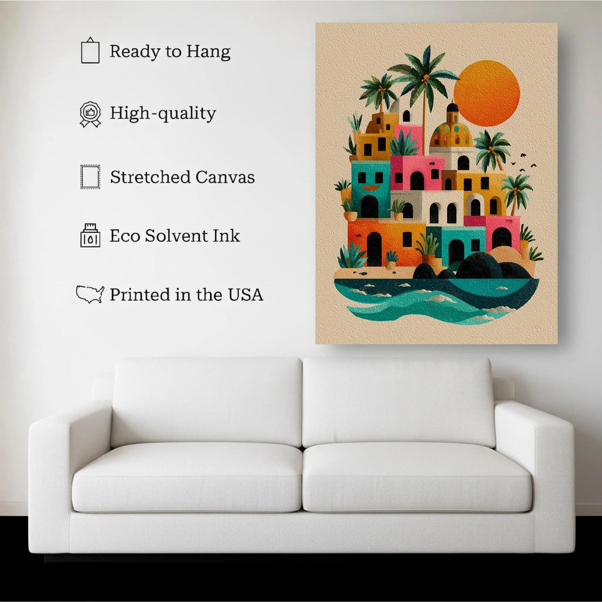 Sunlit Coastal Village canvas hanging on a living room wall above a white sofa