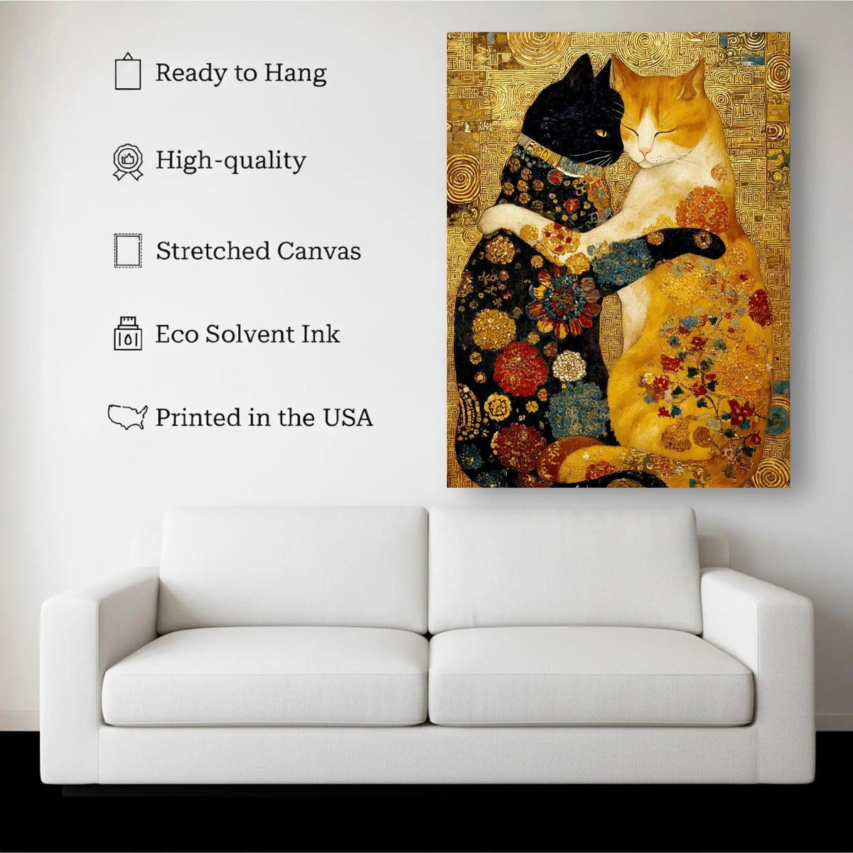 Golden Feline Embrace canvas hanging on a living room wall above a white sofa