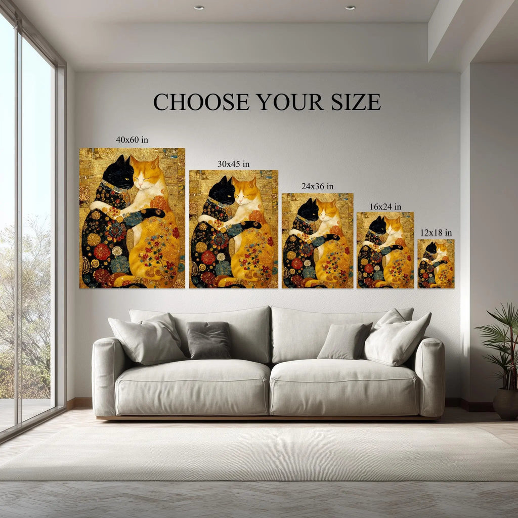 Golden Feline Embrace canvas size comparison from 12x18 to 40x60 in above a sofa