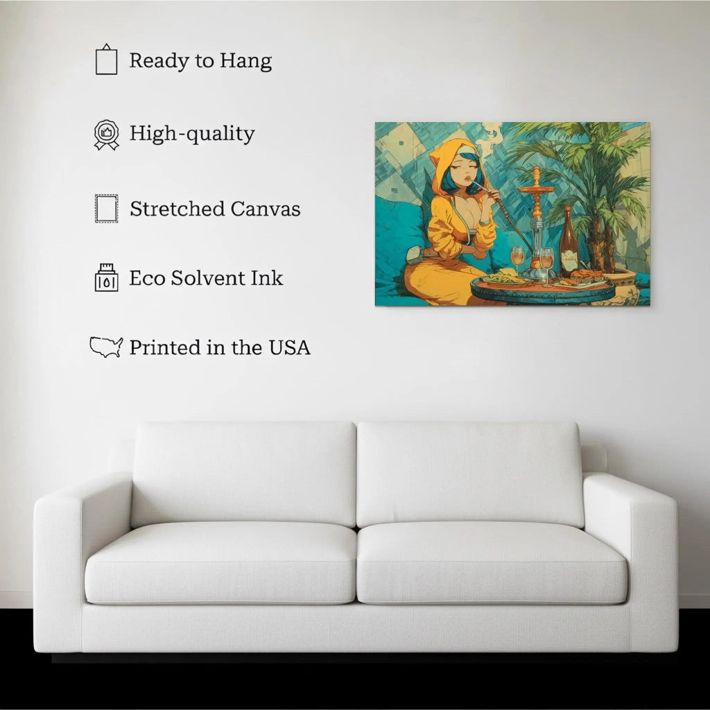 Lazy Luxe canvas hanging on a living room wall above a white sofa