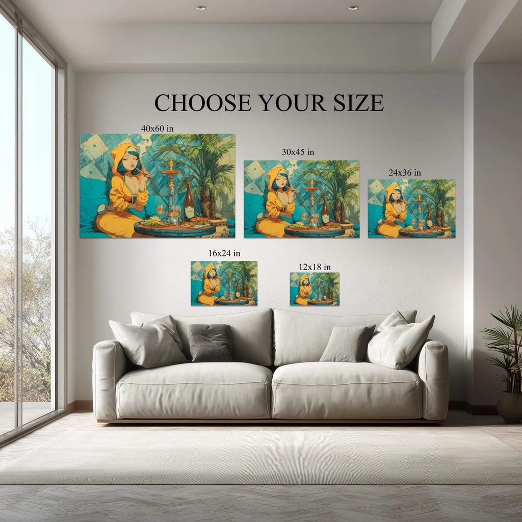 Lazy Luxe canvas size comparison from 12x18 to 40x60 in above a sofa