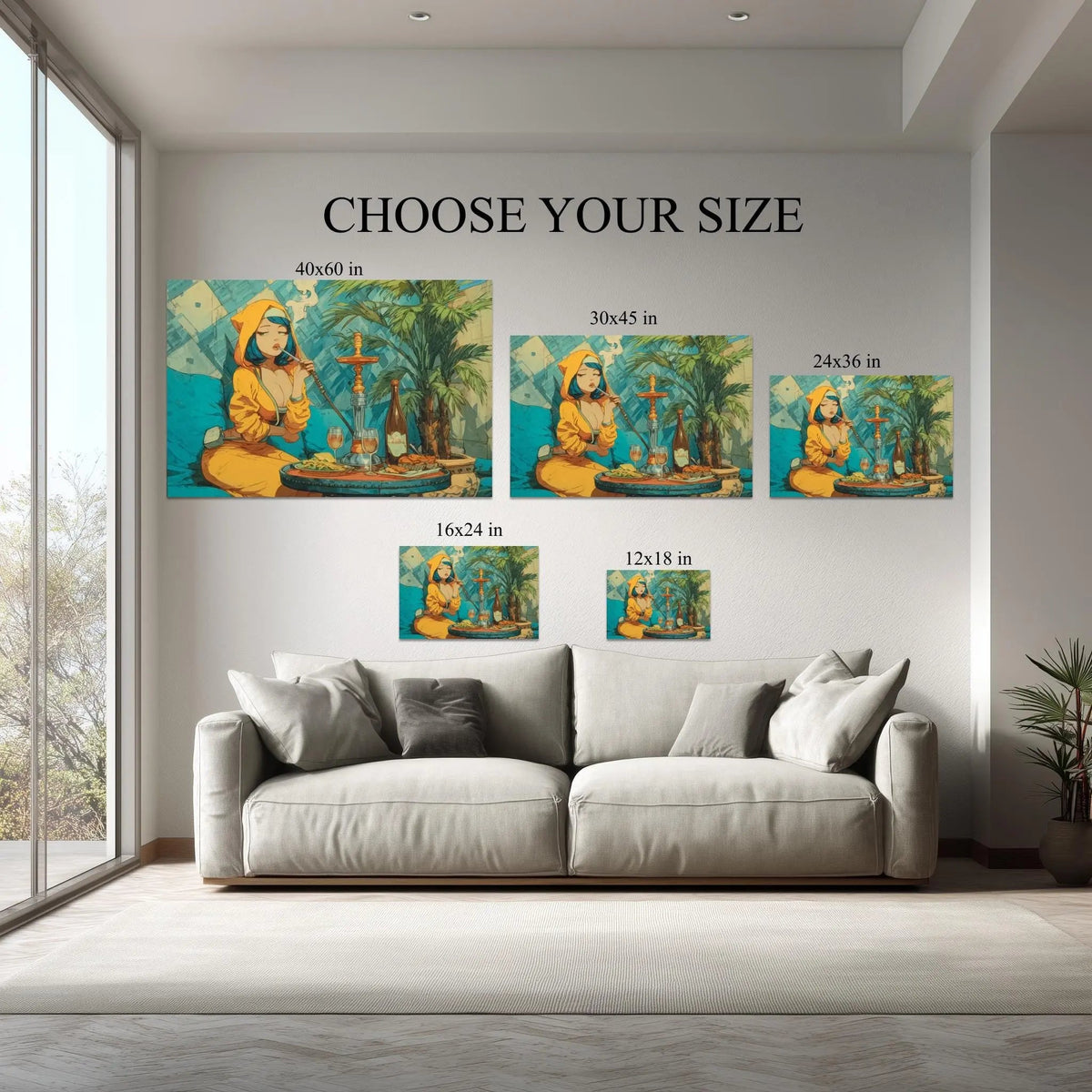 Lazy Luxe canvas size comparison from 12x18 to 40x60 in above a sofa