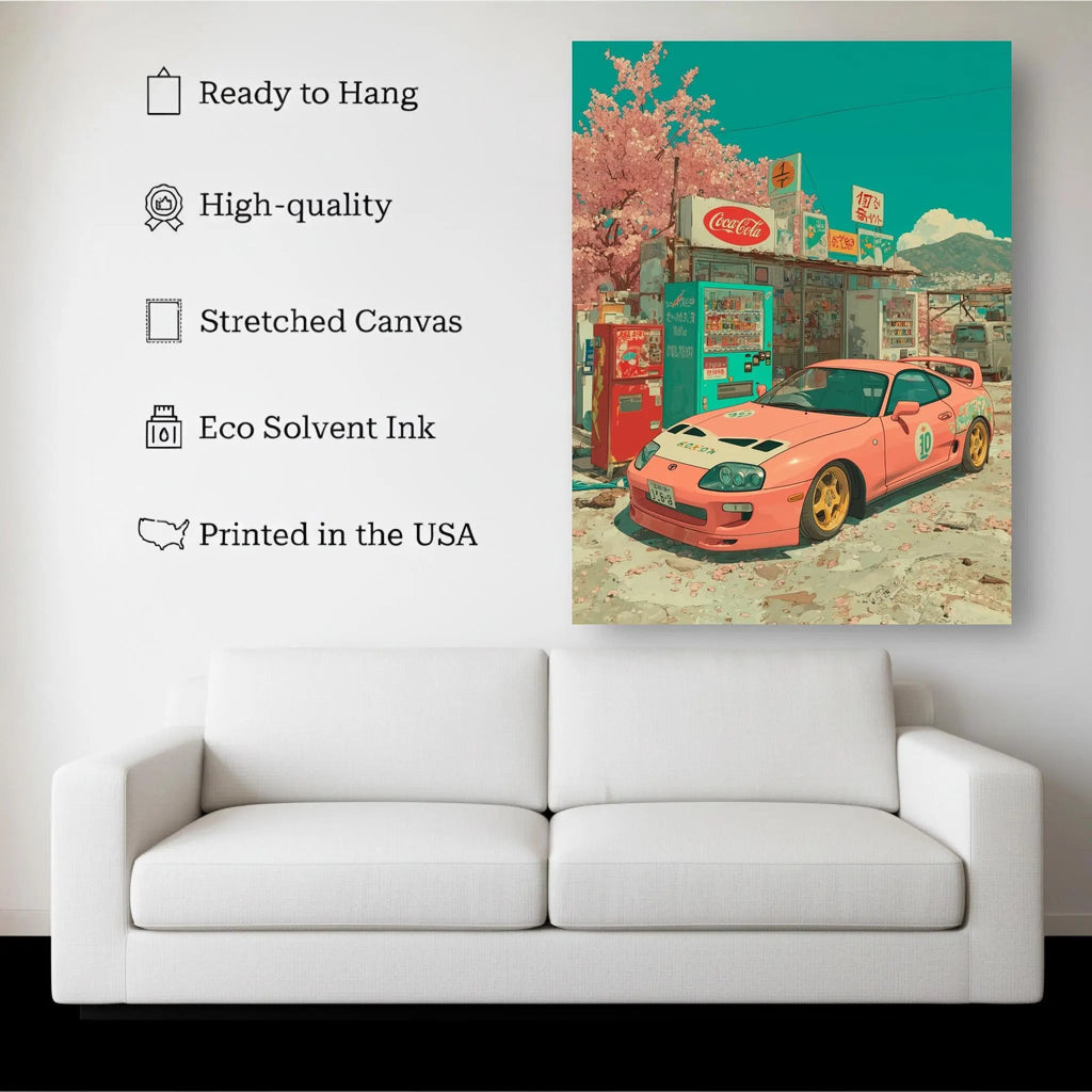 Retro Street Racer canvas hanging on a living room wall above a white sofa