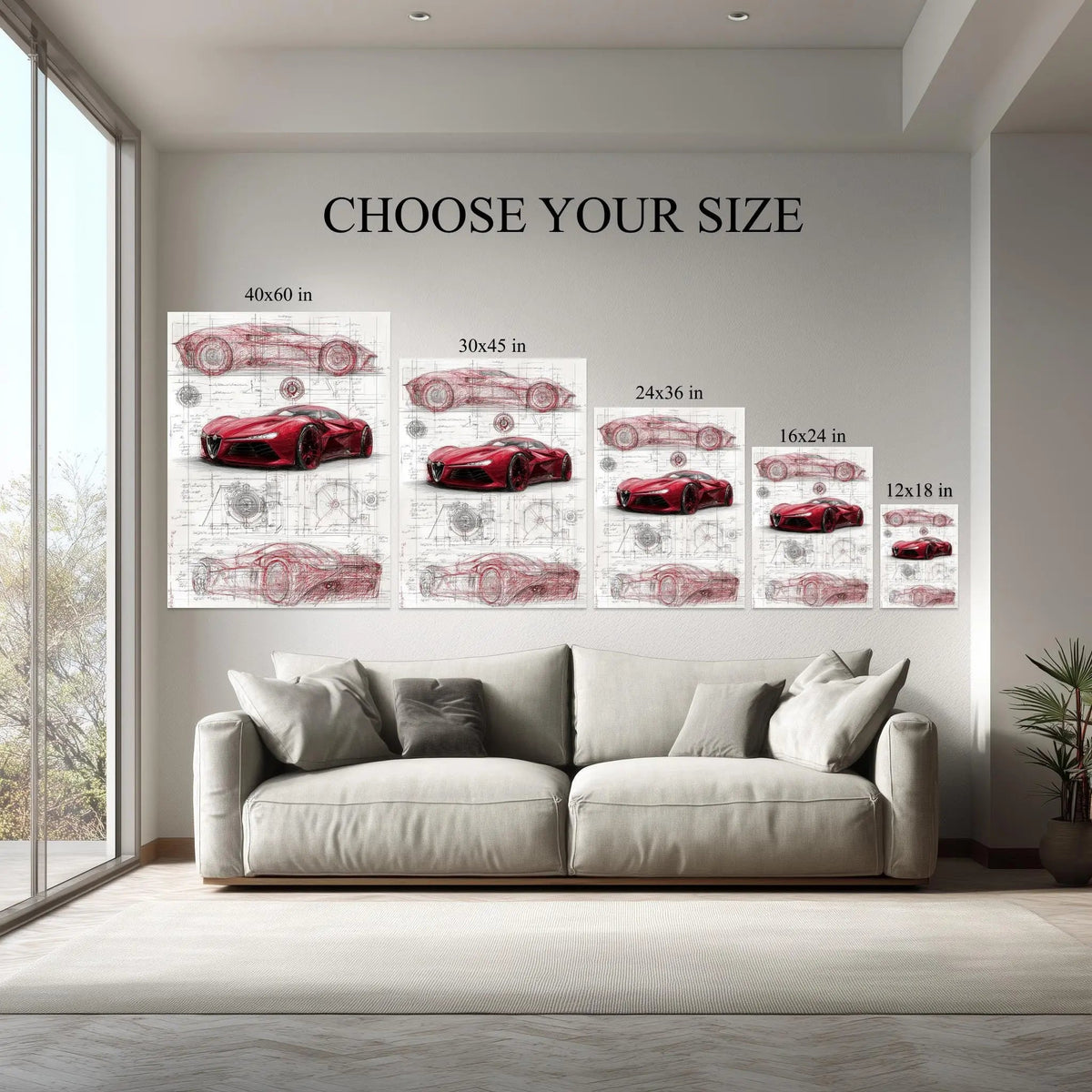 Red Supercar Blueprint canvas hanging on a living room wall above a white sofa