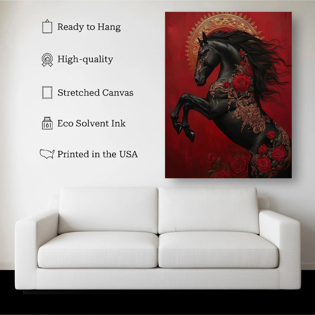 Crimson Majesty canvas hanging on a living room wall above a white sofa
