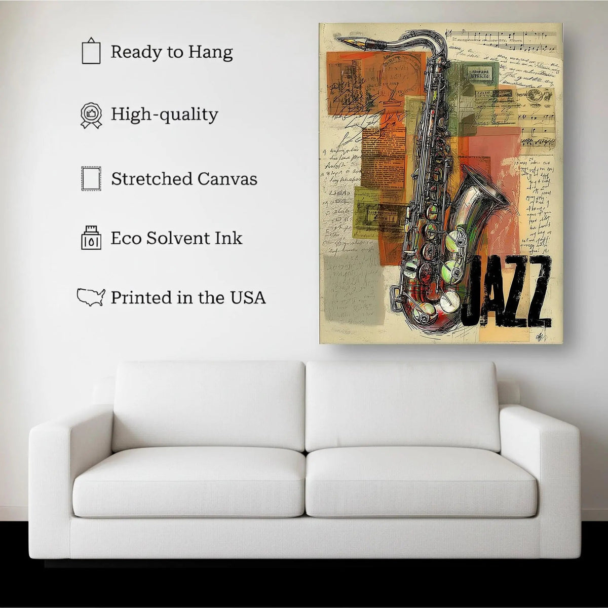 1.5 inch deep stretched canvas edge detail, Vintage Jazz Saxophone