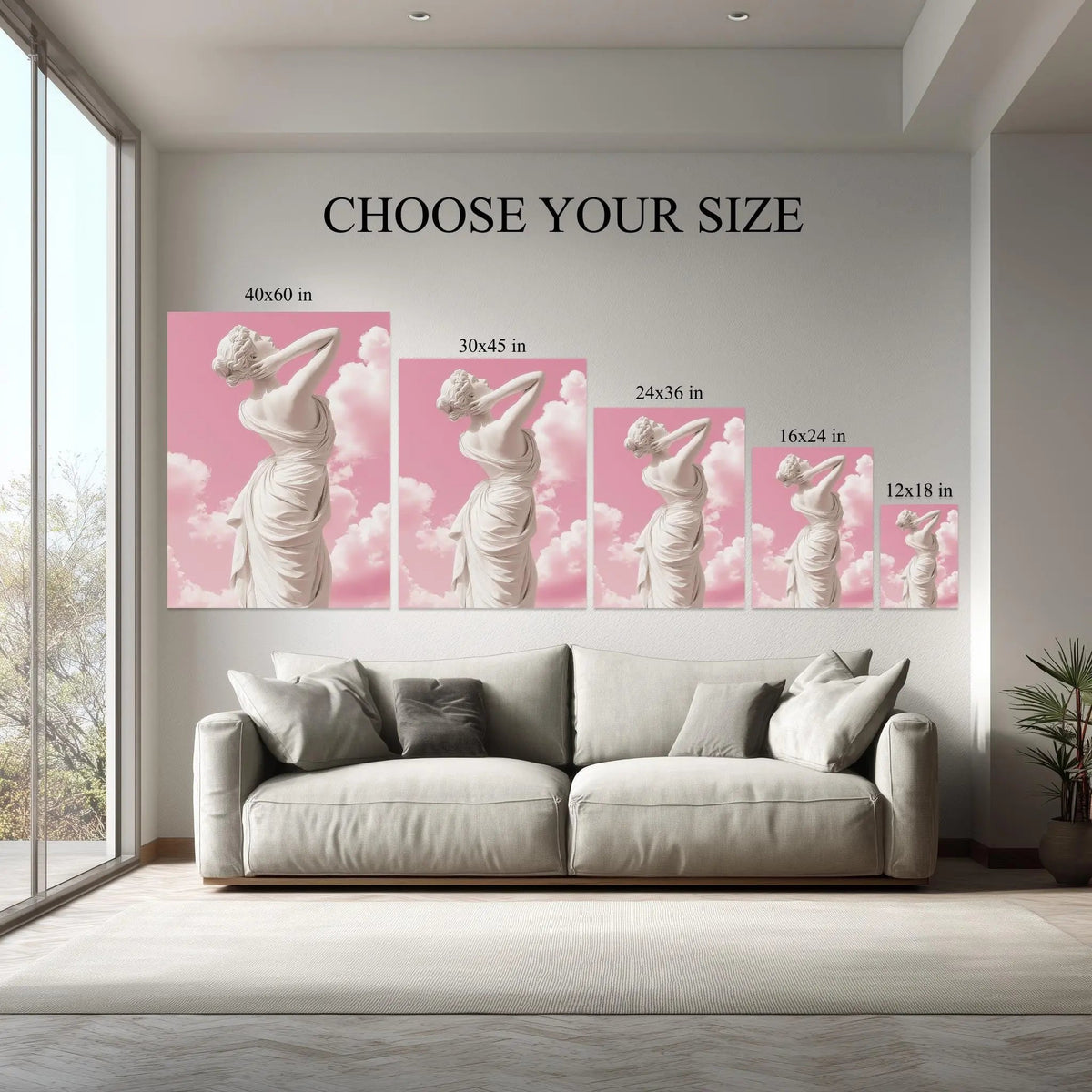 Pink Venus Sculpture canvas hanging on a living room wall above a white sofa