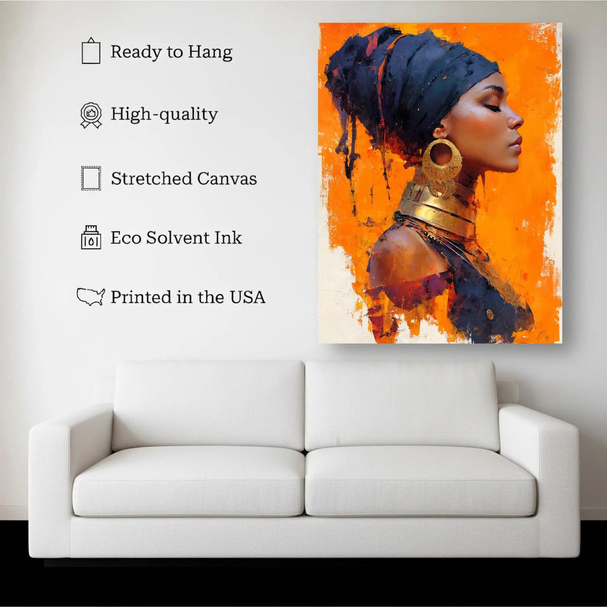 Golden Heritage canvas hanging on a living room wall above a white sofa