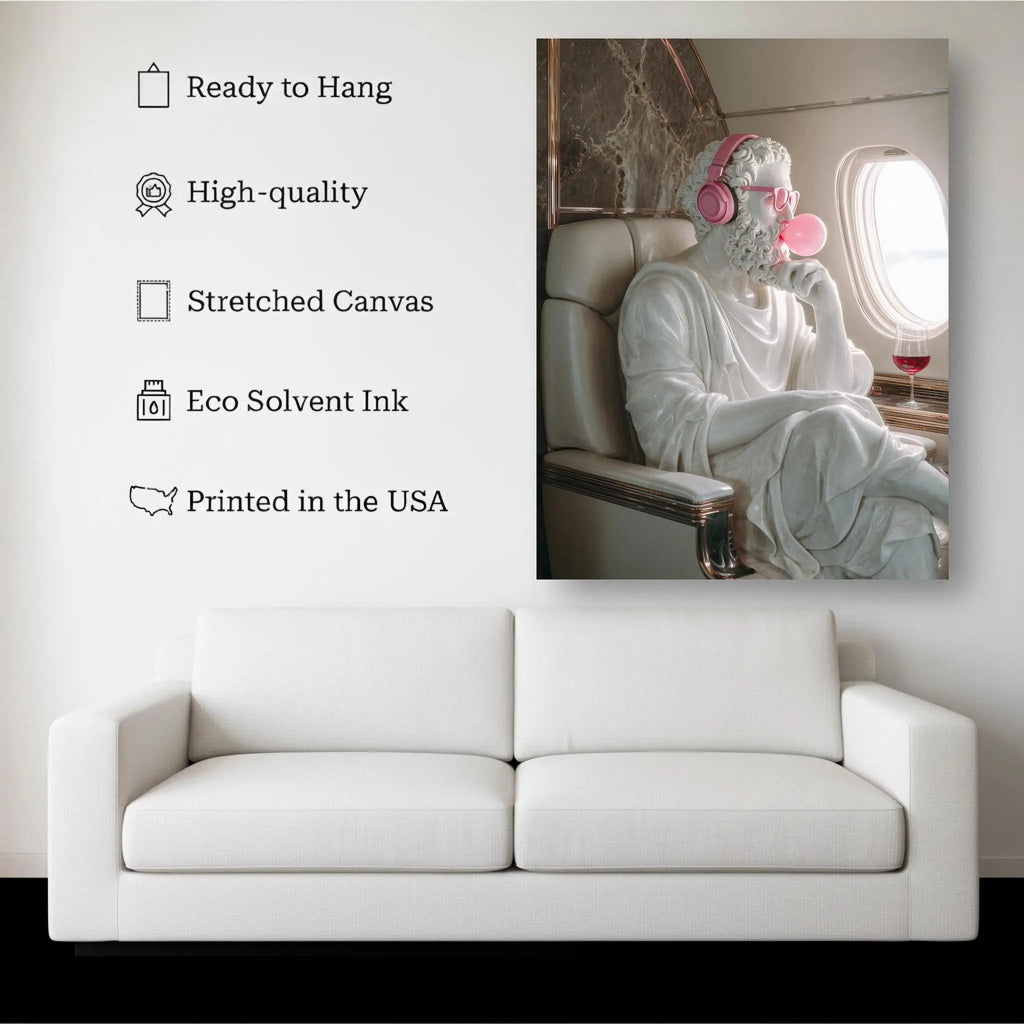 Modern Zeus canvas hanging on a living room wall above a white sofa