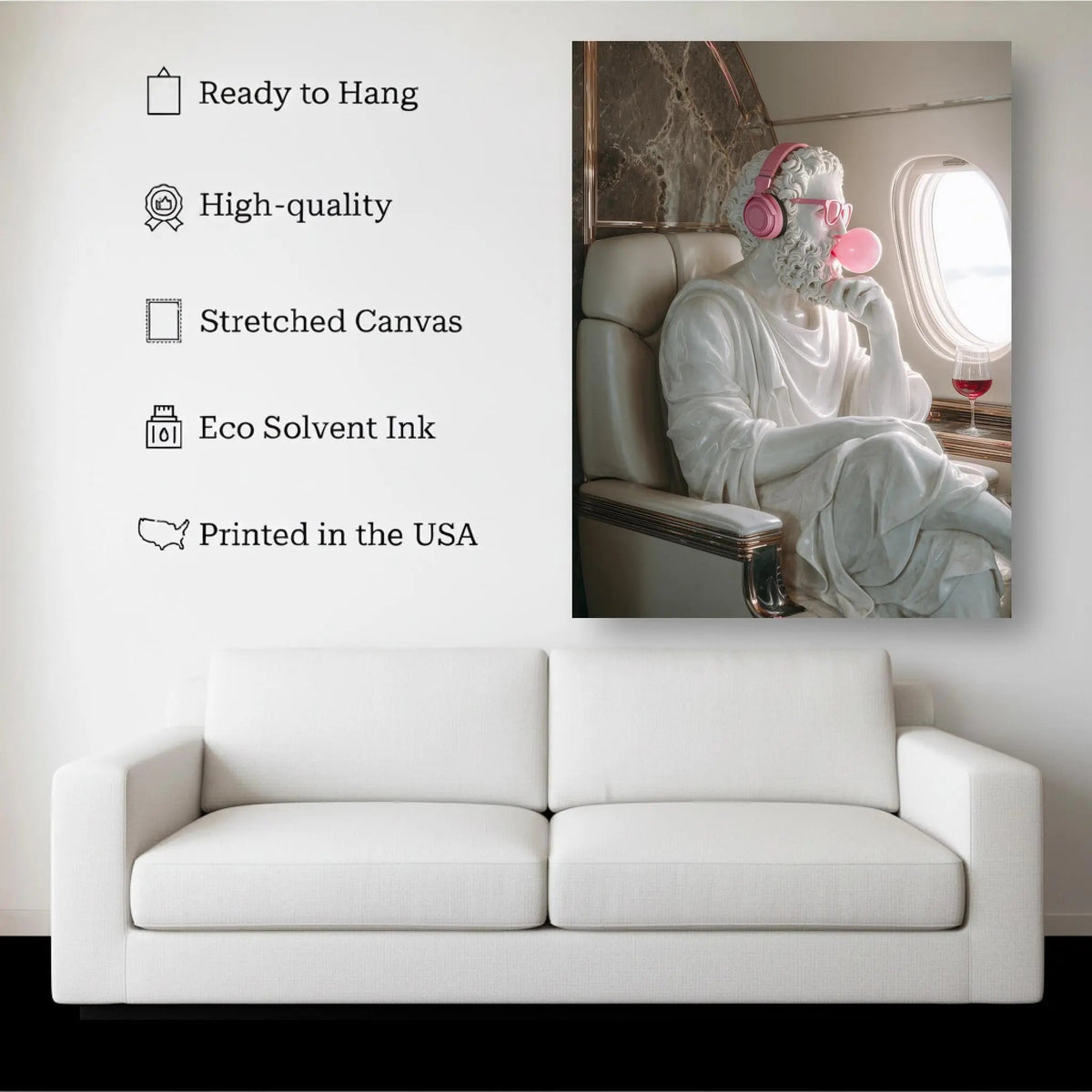 Modern Zeus canvas hanging on a living room wall above a white sofa