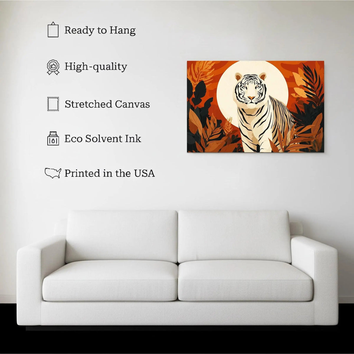 Sunset Tiger canvas hanging on a living room wall above a white sofa