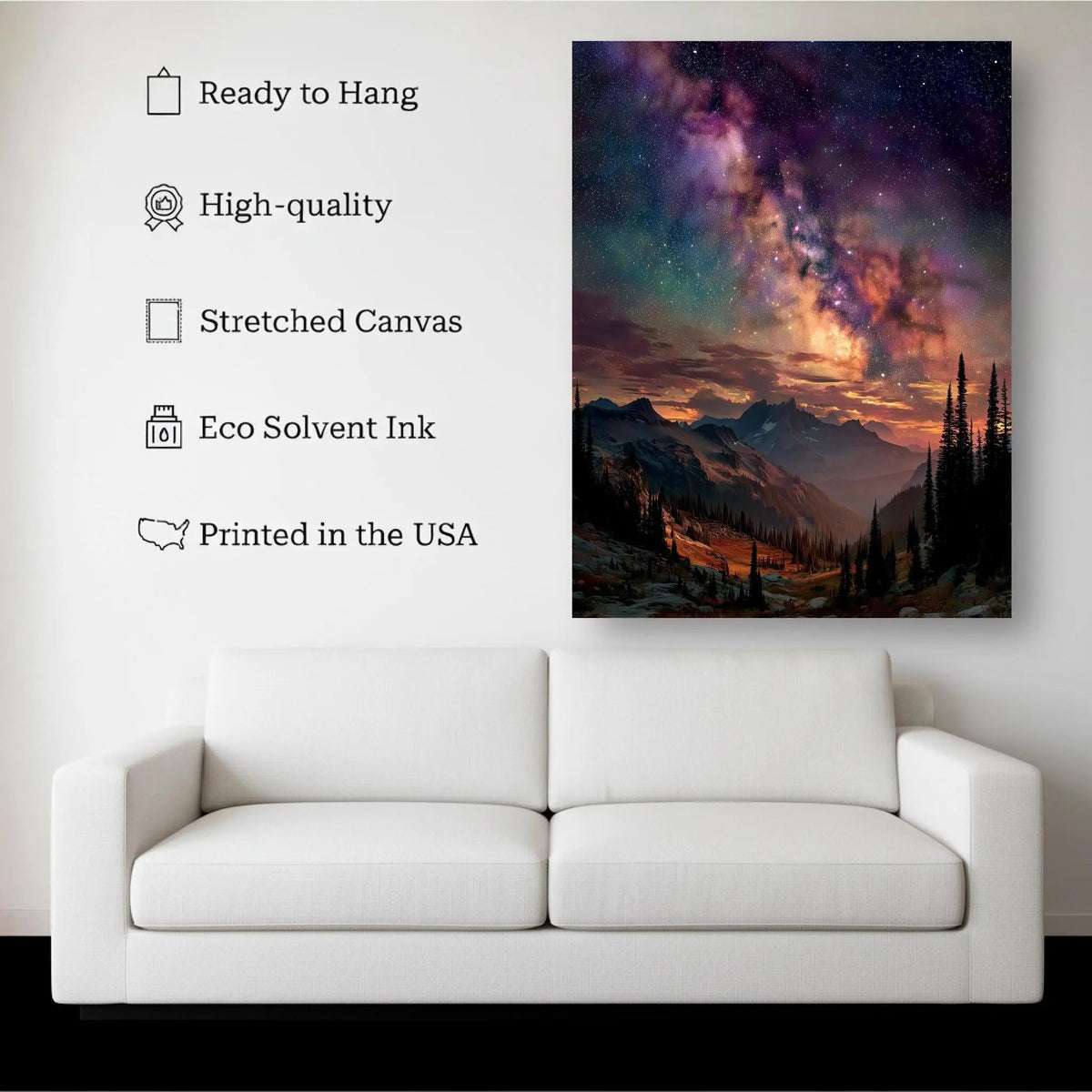 Milky Way Peaks canvas hanging on a living room wall above a white sofa