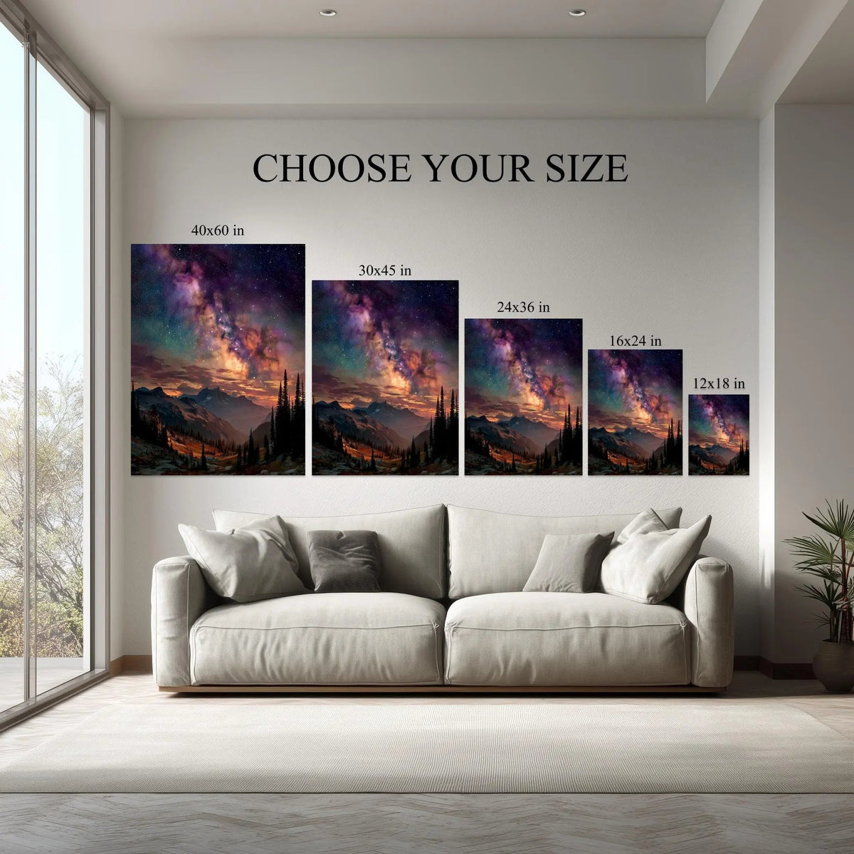 Milky Way Peaks canvas size comparison from 12x18 to 40x60 in above a sofa