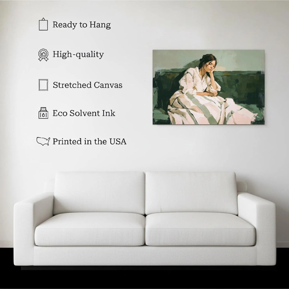 Quiet Reflection canvas hanging on a living room wall above a white sofa