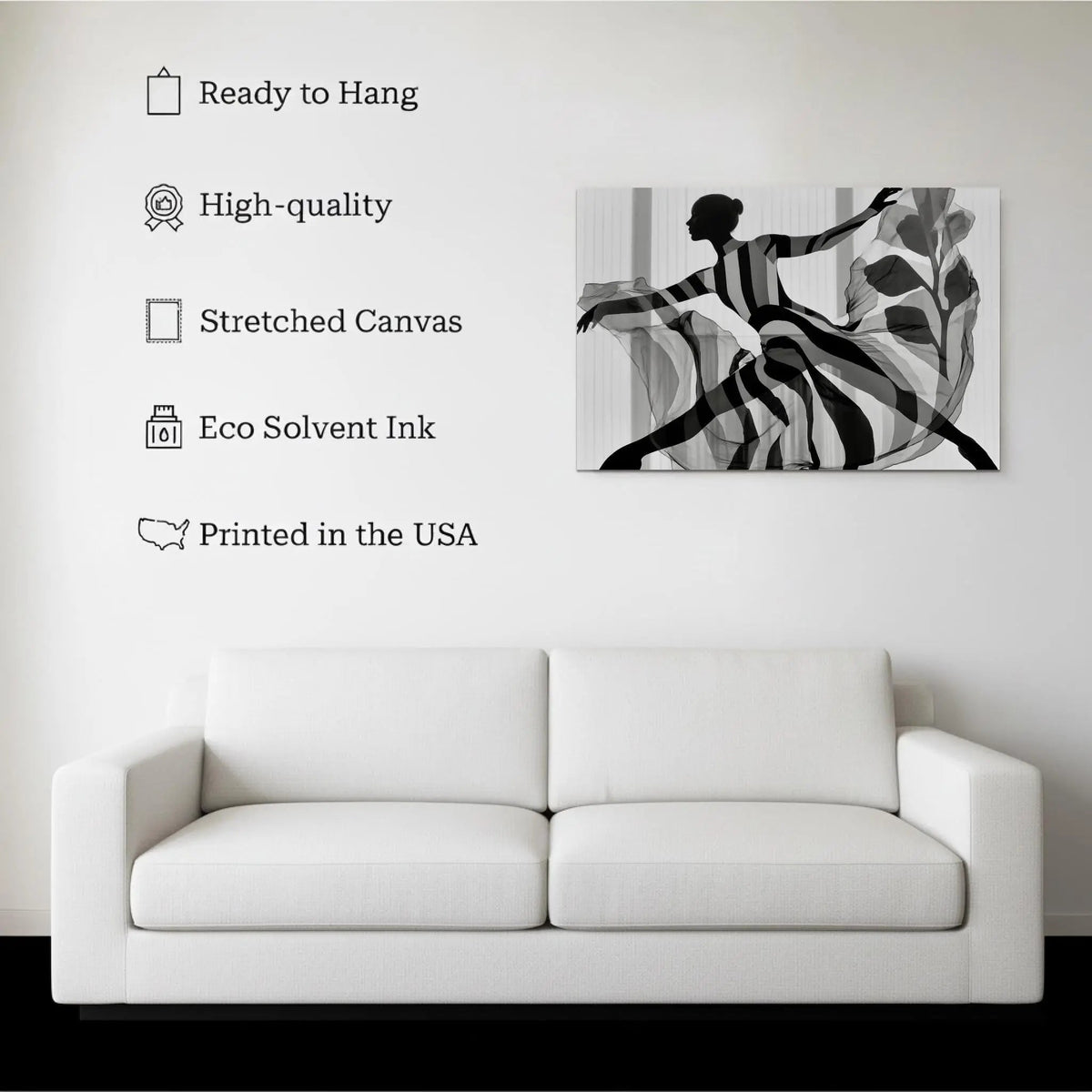 Elegant Motion canvas hanging on a living room wall above a white sofa