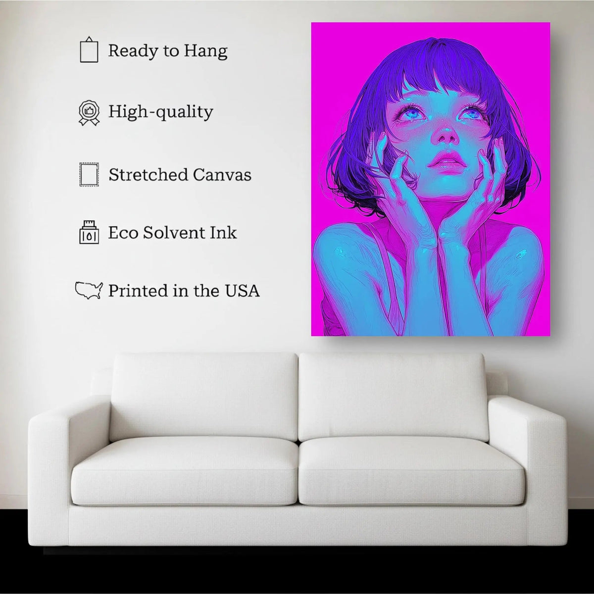 Neon Dreamer canvas hanging on a living room wall above a white sofa