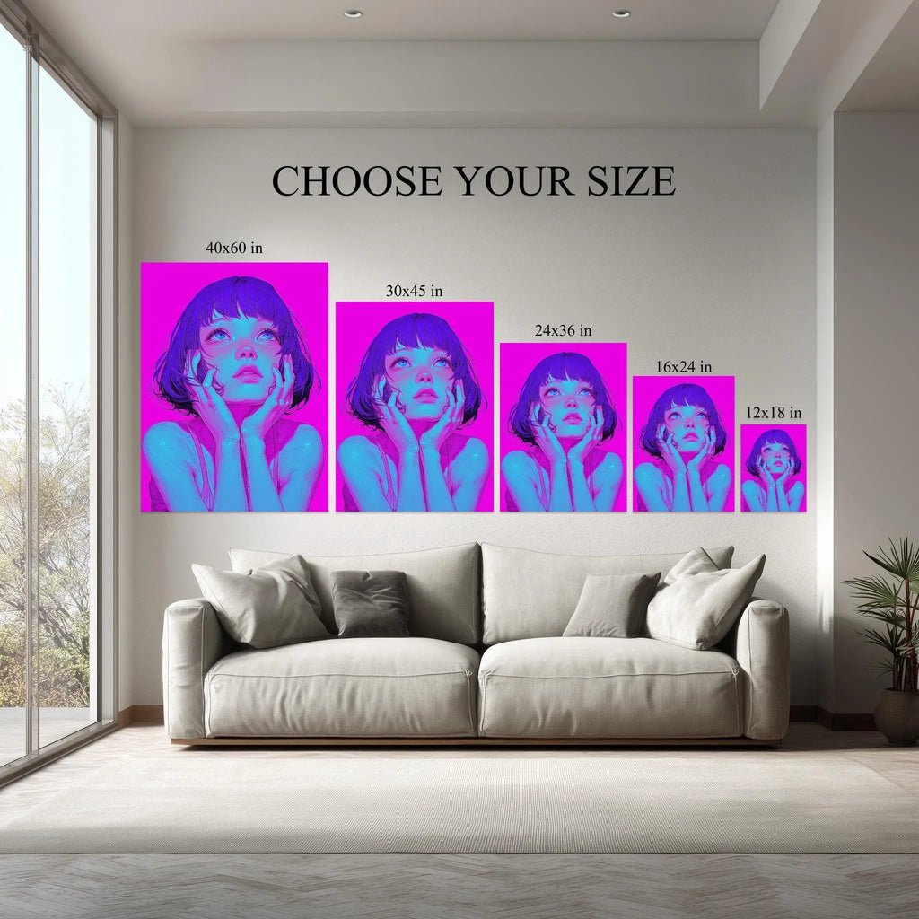 Neon Dreamer canvas size comparison from 12x18 to 40x60 in above a sofa