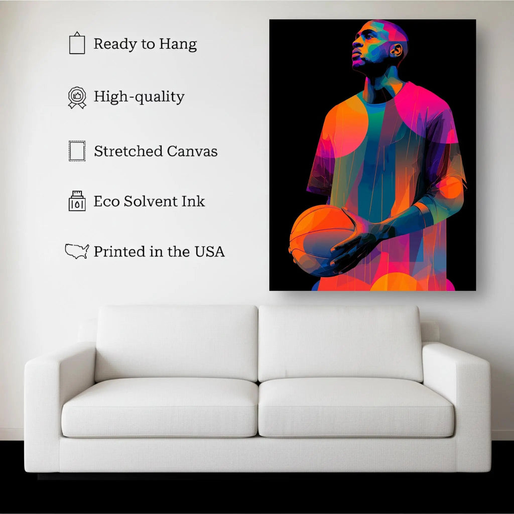 Neon Hoops canvas hanging on a living room wall above a white sofa