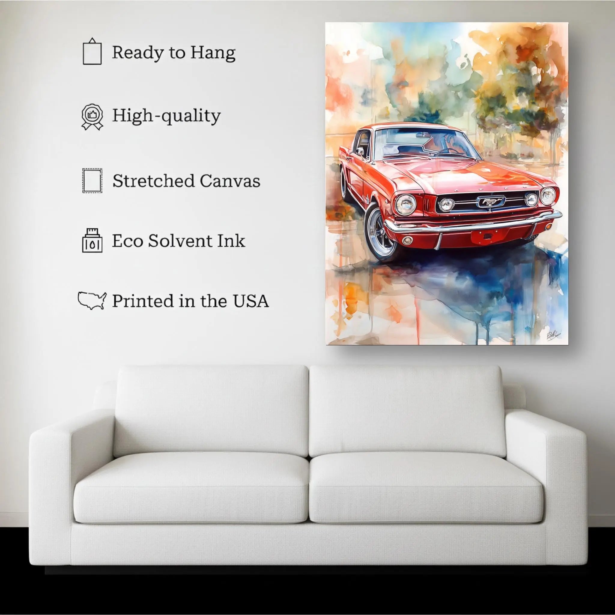 Red Classic Mustang Watercolor Art Print – Vintage Car Wall Decor for Automotive Lovers Kubo Gallery