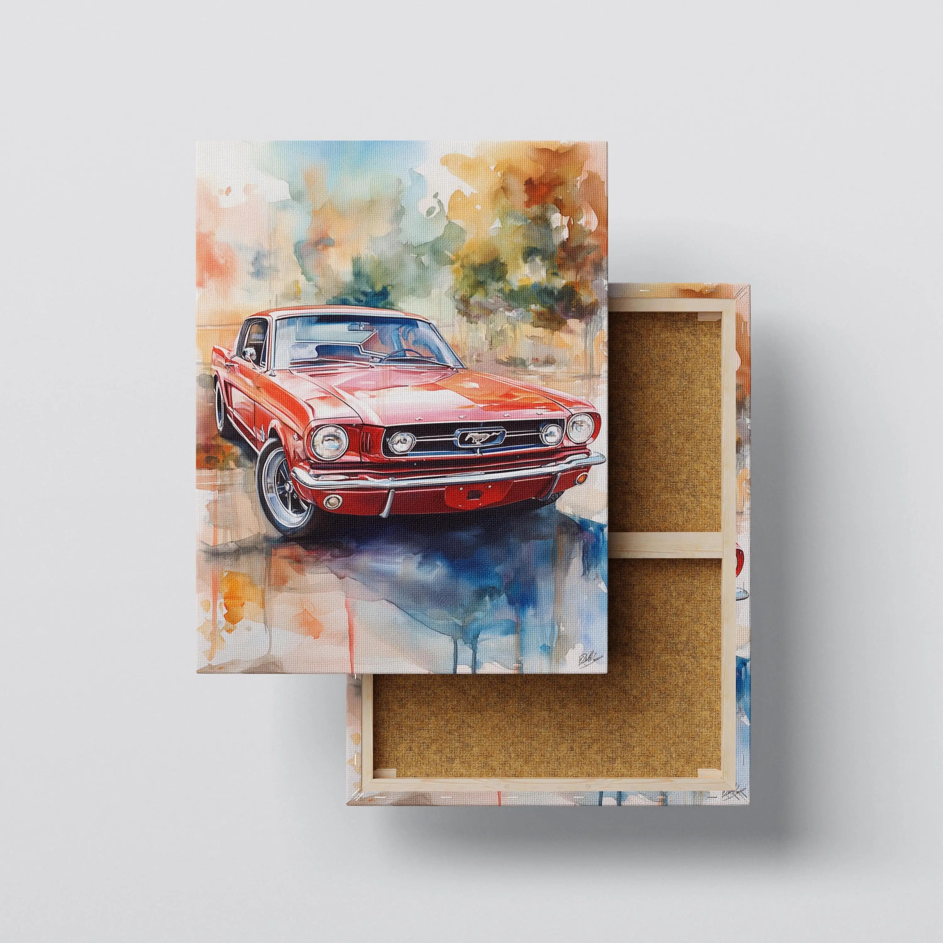 Red Classic Mustang Watercolor Art Print – Vintage Car Wall Decor for Automotive Lovers Kubo Gallery