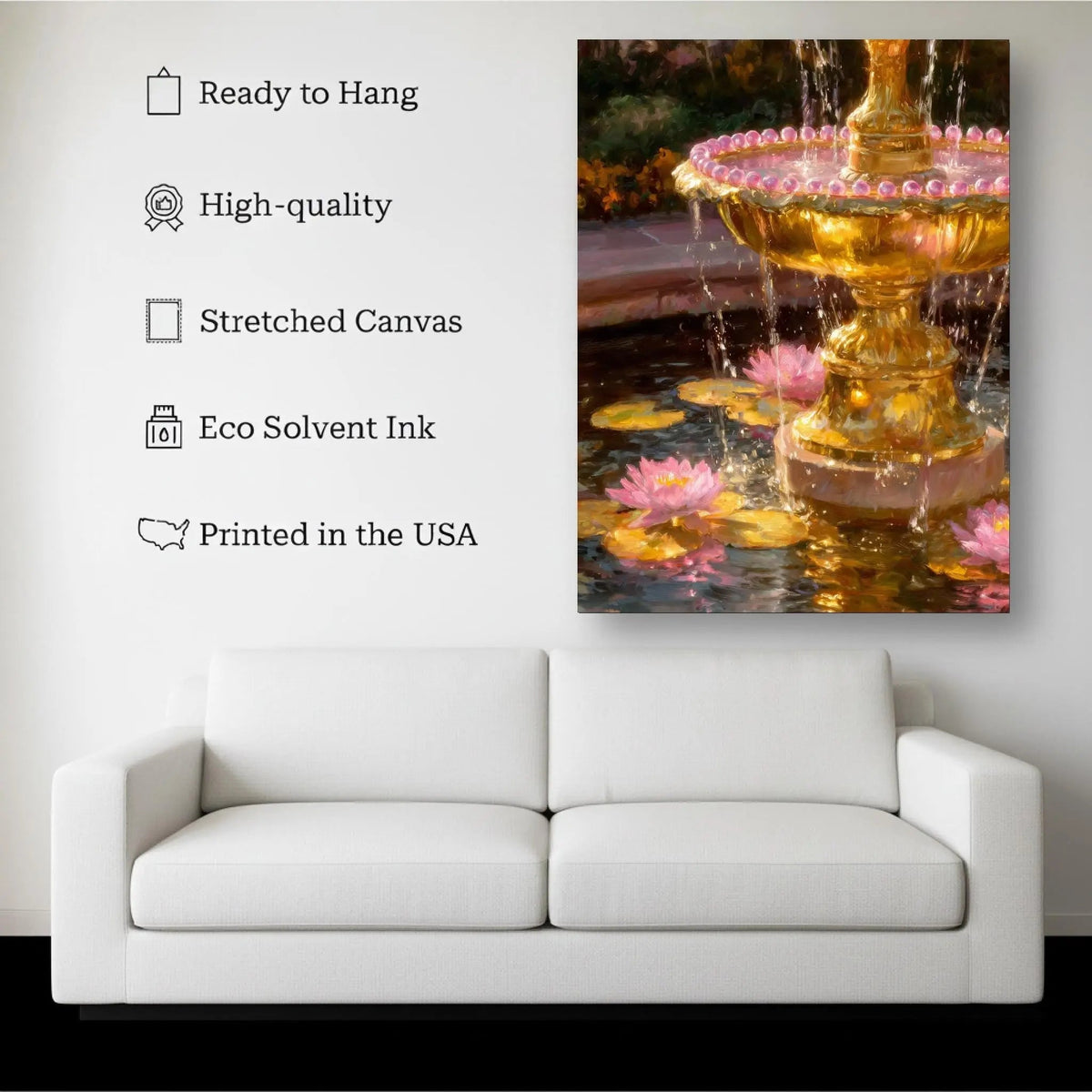 Golden Piece canvas hanging on a living room wall above a white sofa