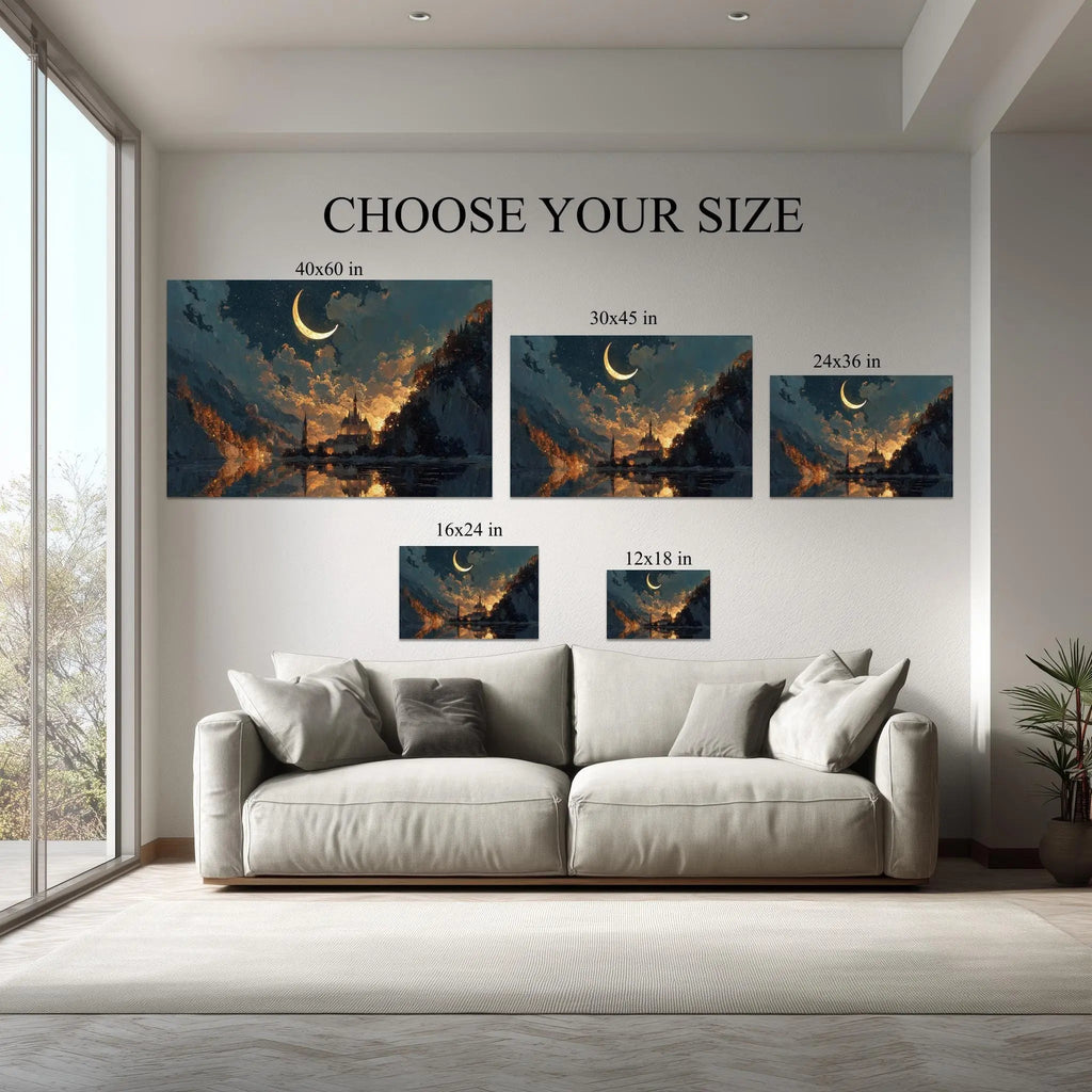 Moonlit Valley canvas size comparison from 12x18 to 40x60 in above a sofa