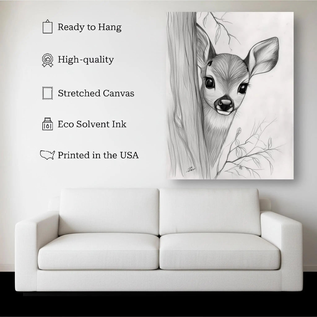 Forest Fawn canvas hanging on a living room wall above a white sofa