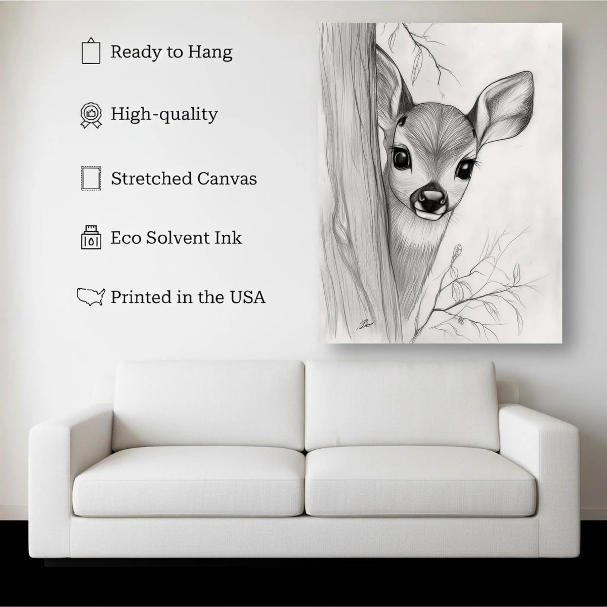 Forest Fawn canvas hanging on a living room wall above a white sofa