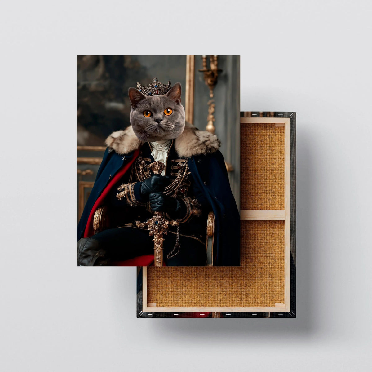 Royal Pet Portrait canvas size comparison from 12x18 to 40x60 in above a sofa