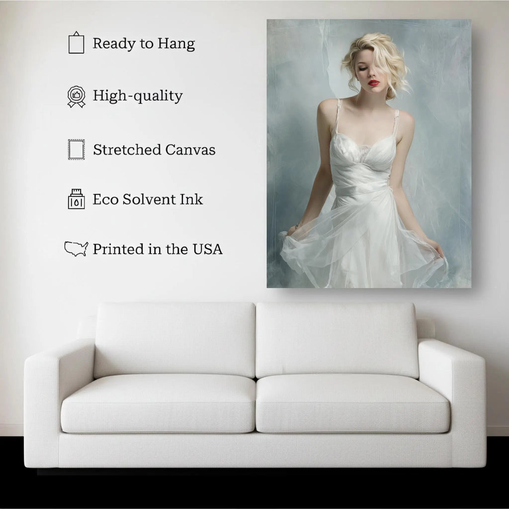 Elegant Muse canvas hanging on a living room wall above a white sofa