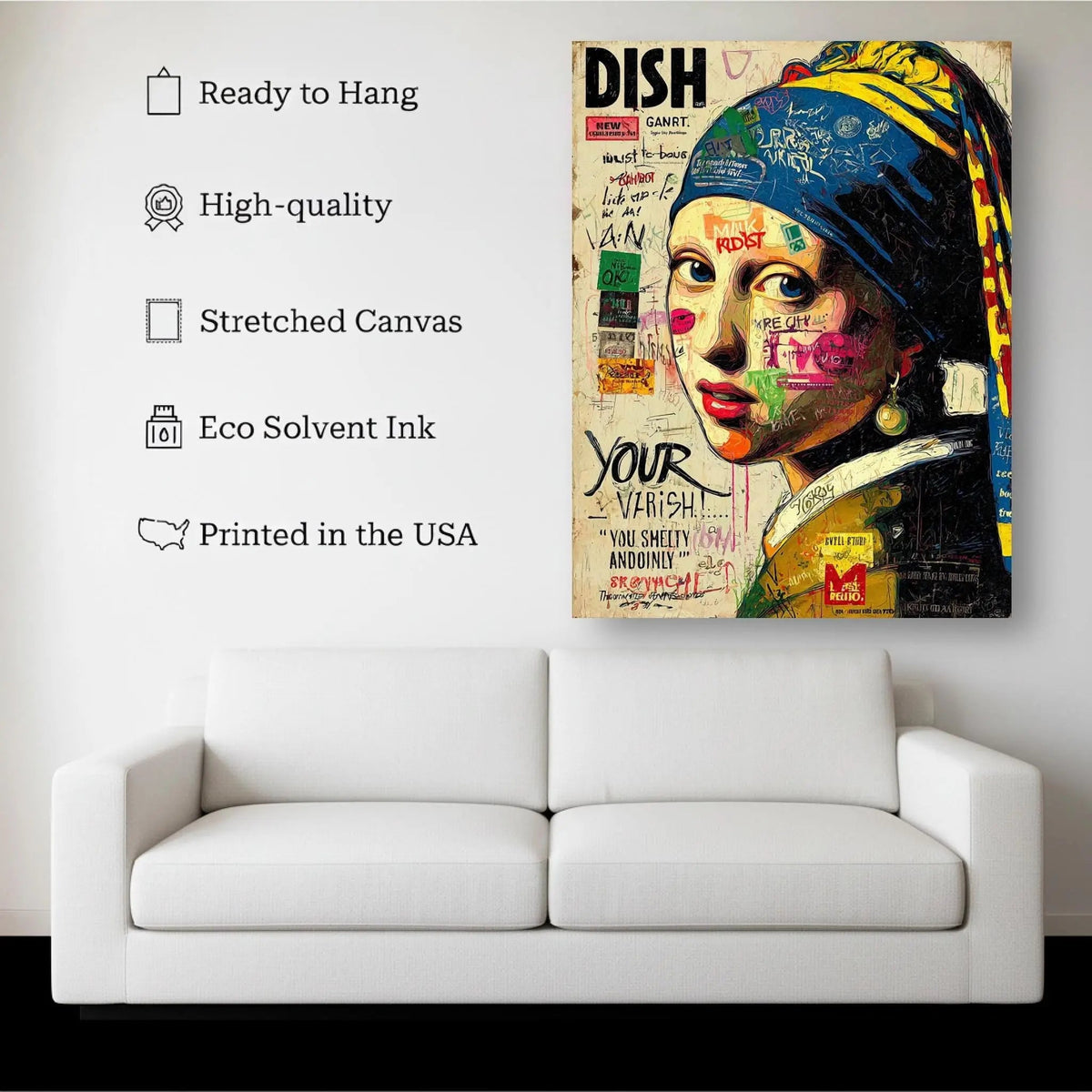 Rebel Muse canvas hanging on a living room wall above a white sofa