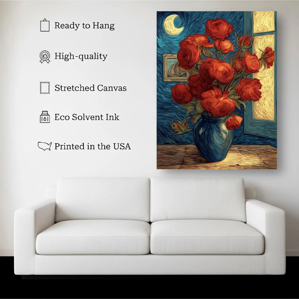 Crimson Bloom canvas hanging on a living room wall above a white sofa