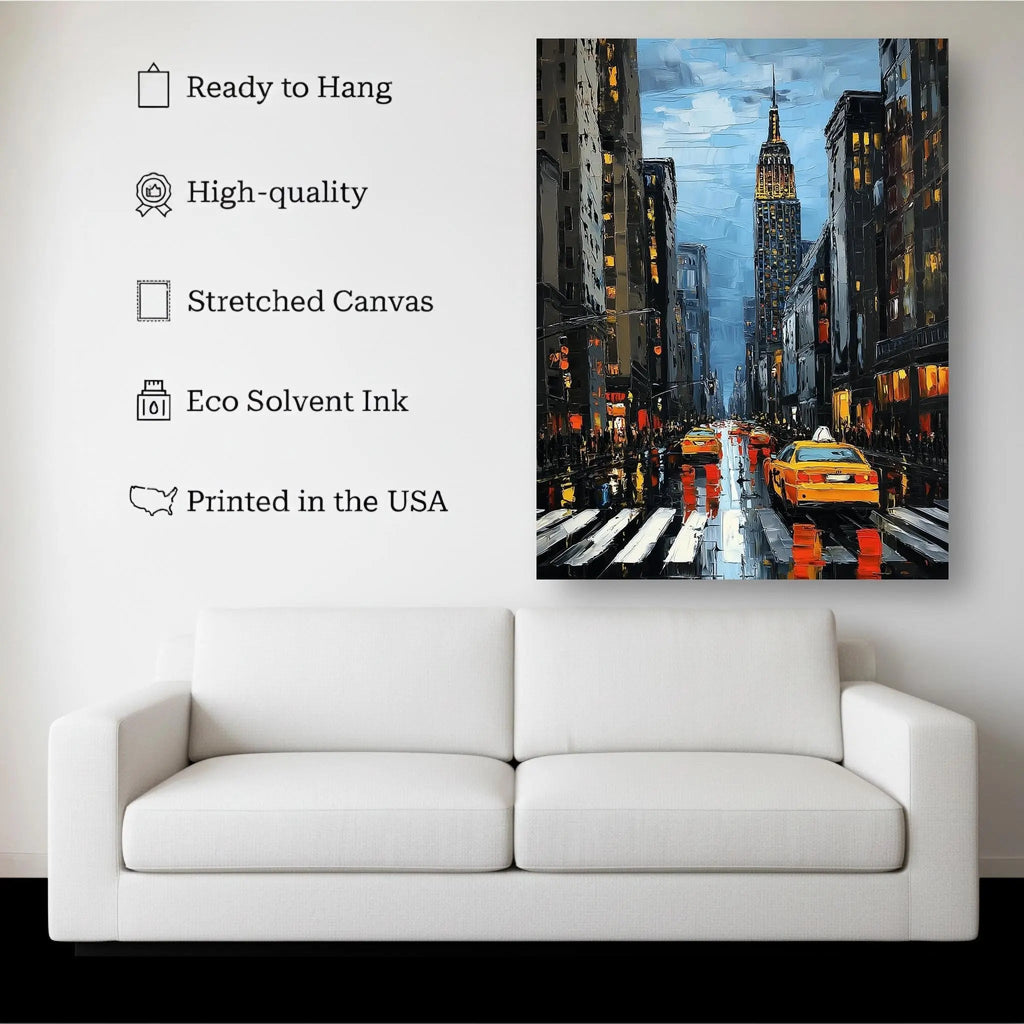 NYC Nights canvas hanging on a living room wall above a white sofa