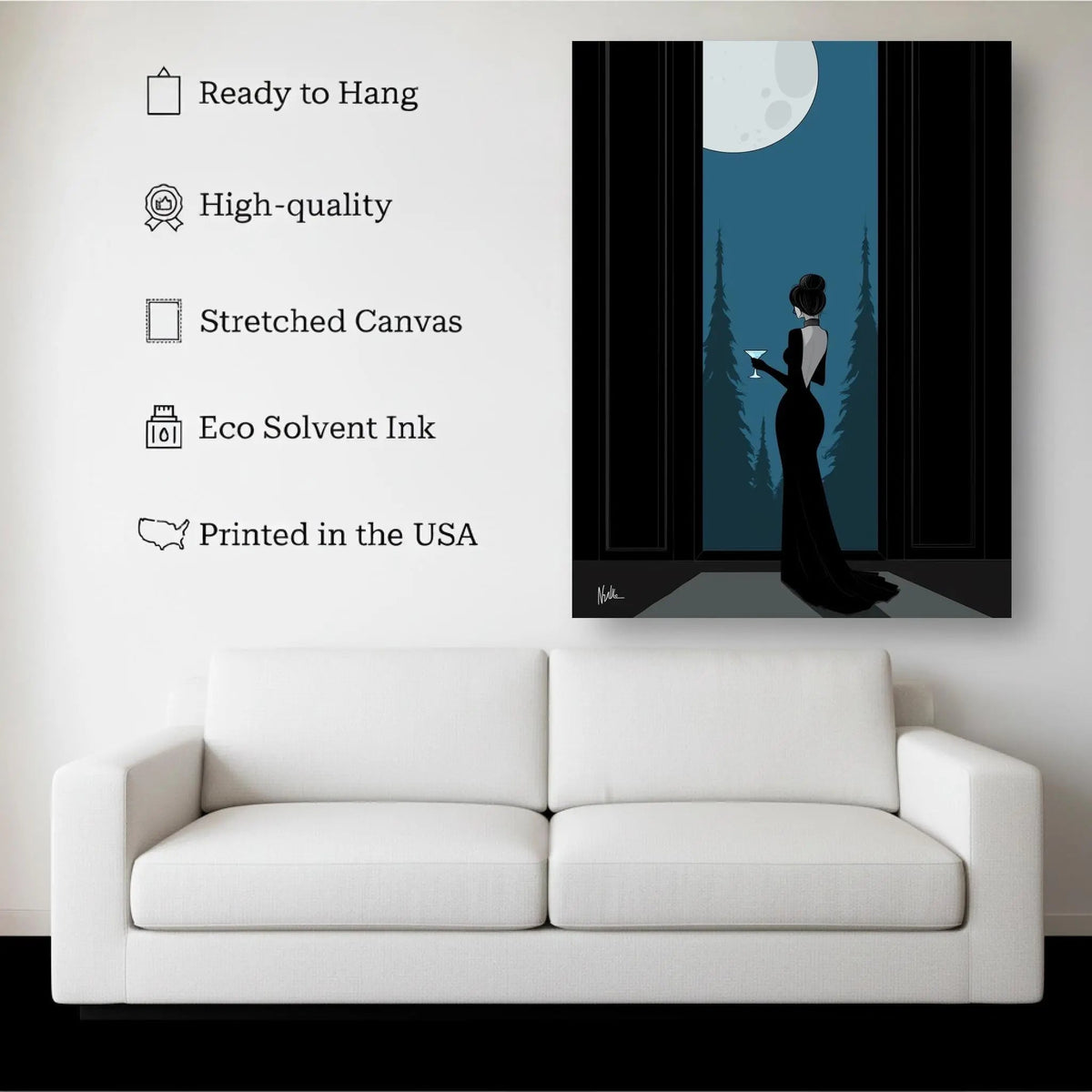 Moonlit Elegance canvas hanging on a living room wall above a white sofa