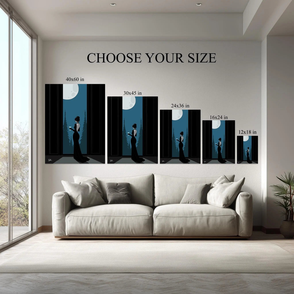 Moonlit Elegance canvas size comparison from 12x18 to 40x60 in above a sofa