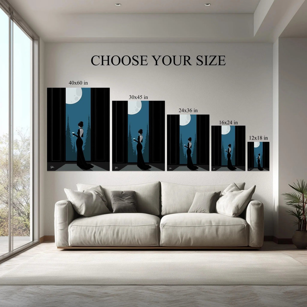 Moonlit Elegance canvas size comparison from 12x18 to 40x60 in above a sofa
