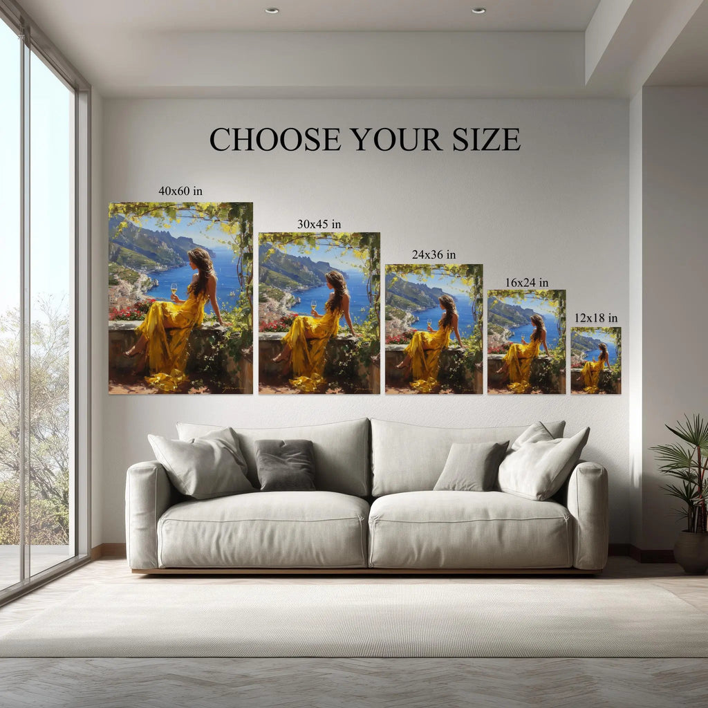 Golden Elegance canvas size comparison from 12x18 to 40x60 in above a sofa