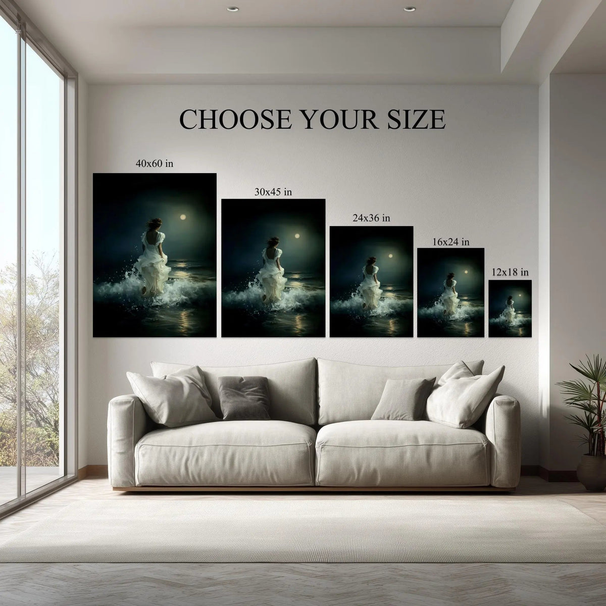 Moonlit Elegance canvas size comparison from 12x18 to 40x60 in above a sofa