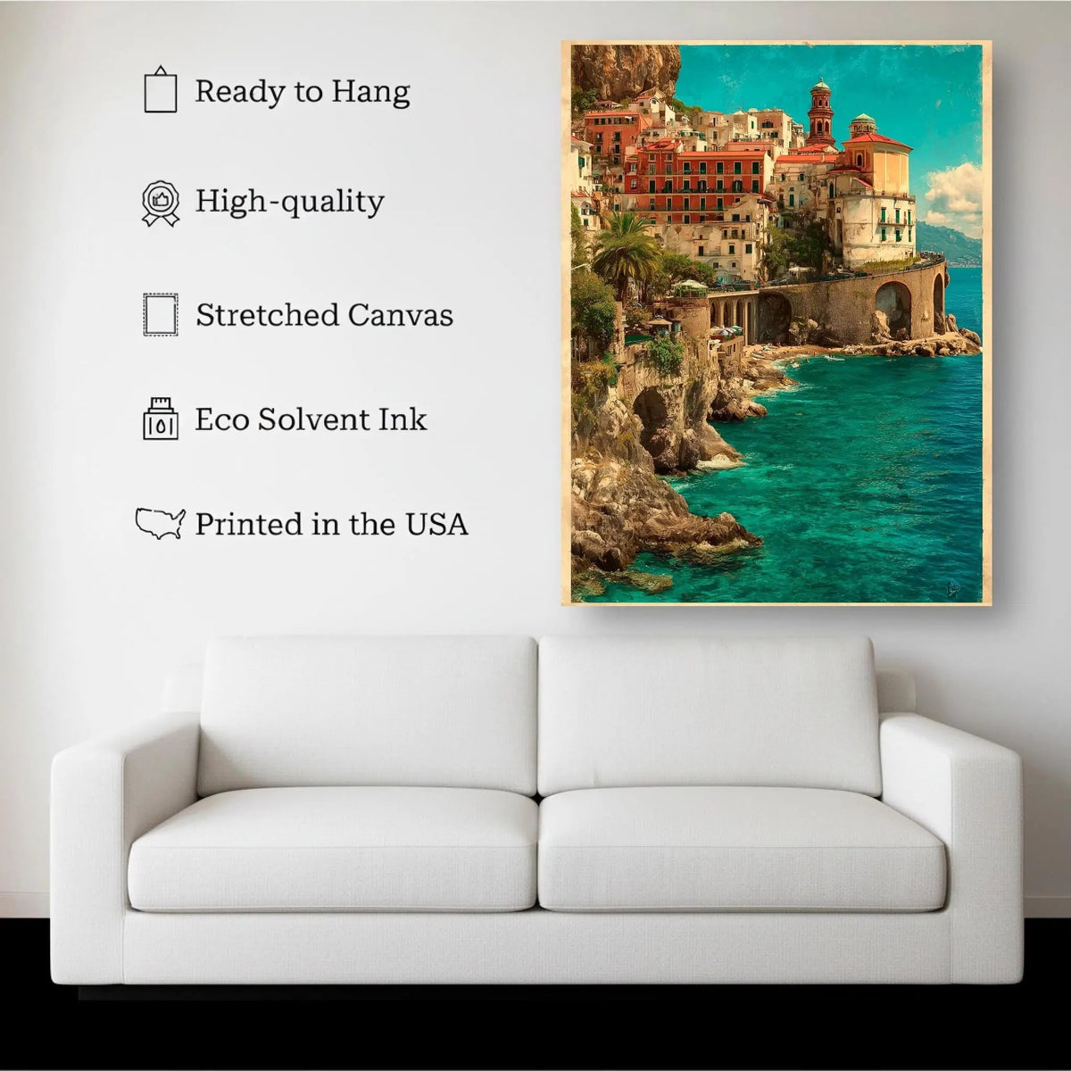 Mediterranean Escape canvas hanging on a living room wall above a white sofa
