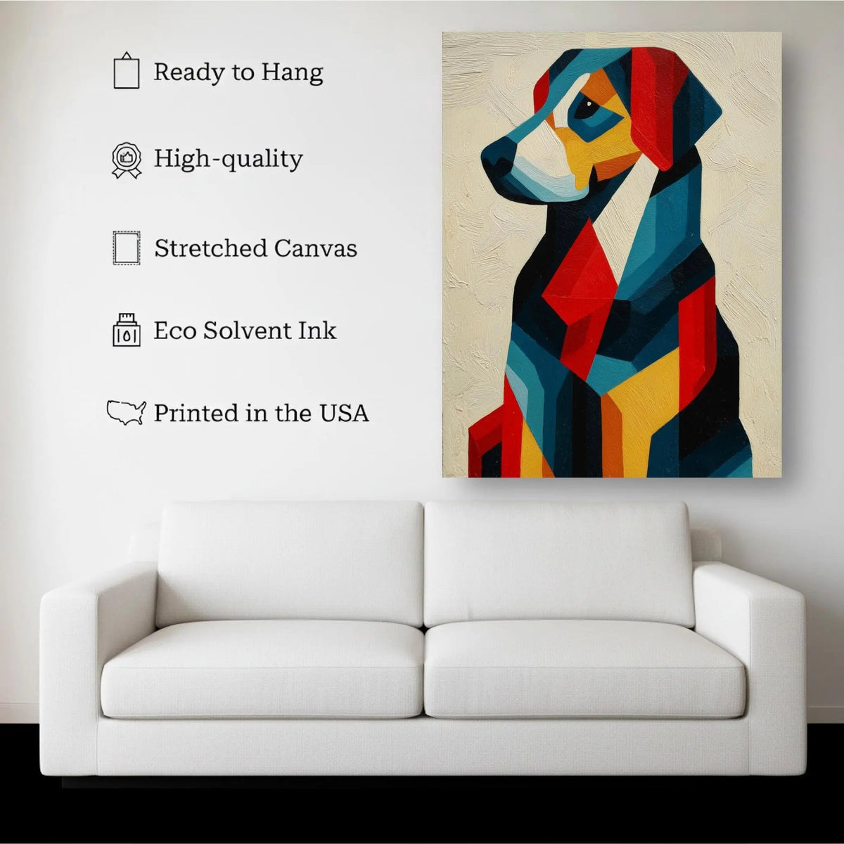 Geometric Dog canvas hanging on a living room wall above a white sofa