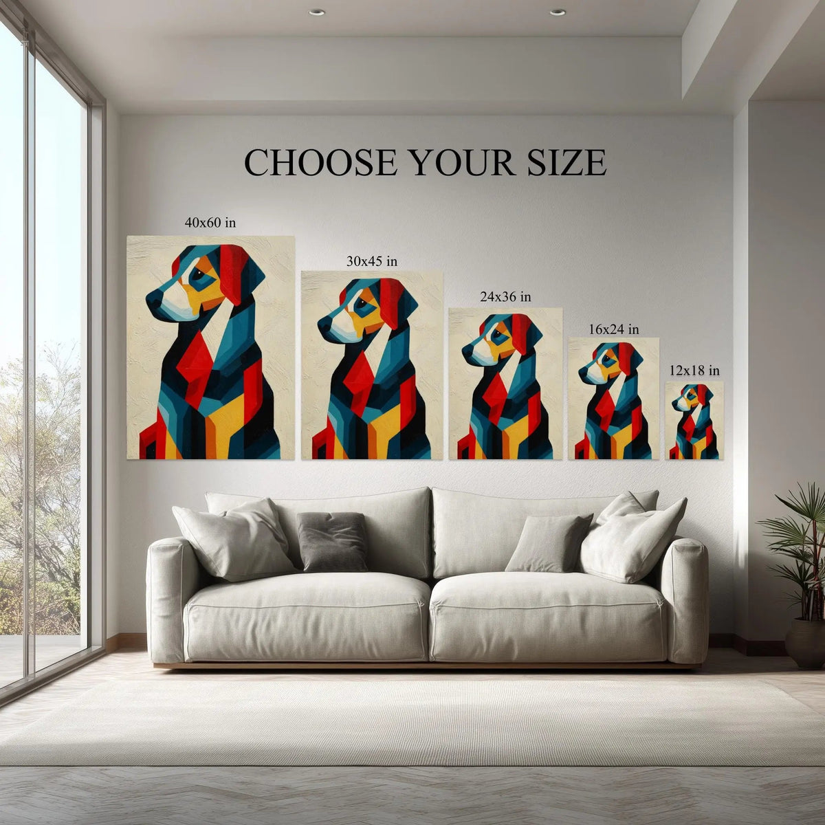 Geometric Dog canvas size comparison from 12x18 to 40x60 in above a sofa