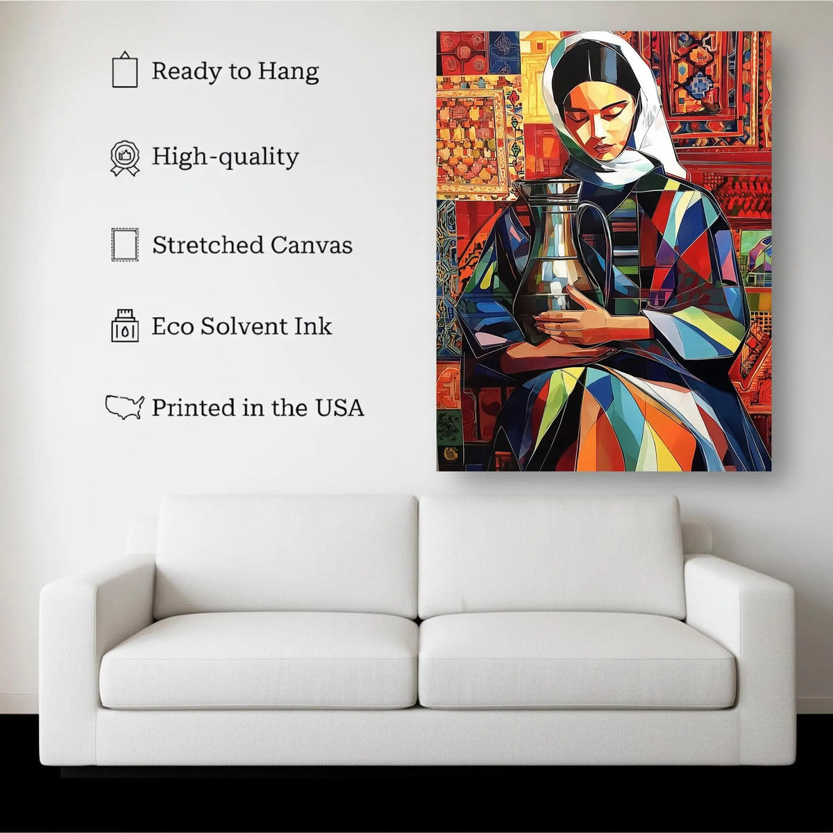 Colorful Geometric Woman canvas hanging on a living room wall above a white sofa