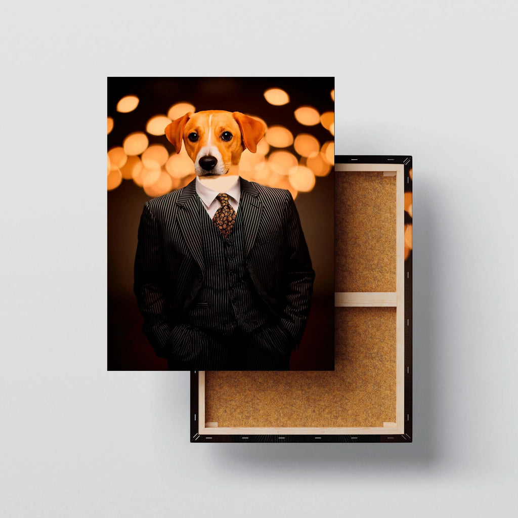 Gentleman Pup canvas size comparison from 12x18 to 40x60 in above a sofa