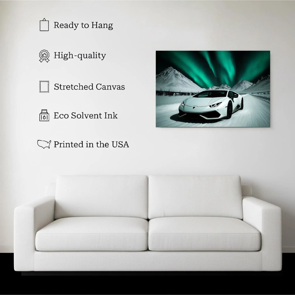 Aurora Drive canvas hanging on a living room wall above a white sofa
