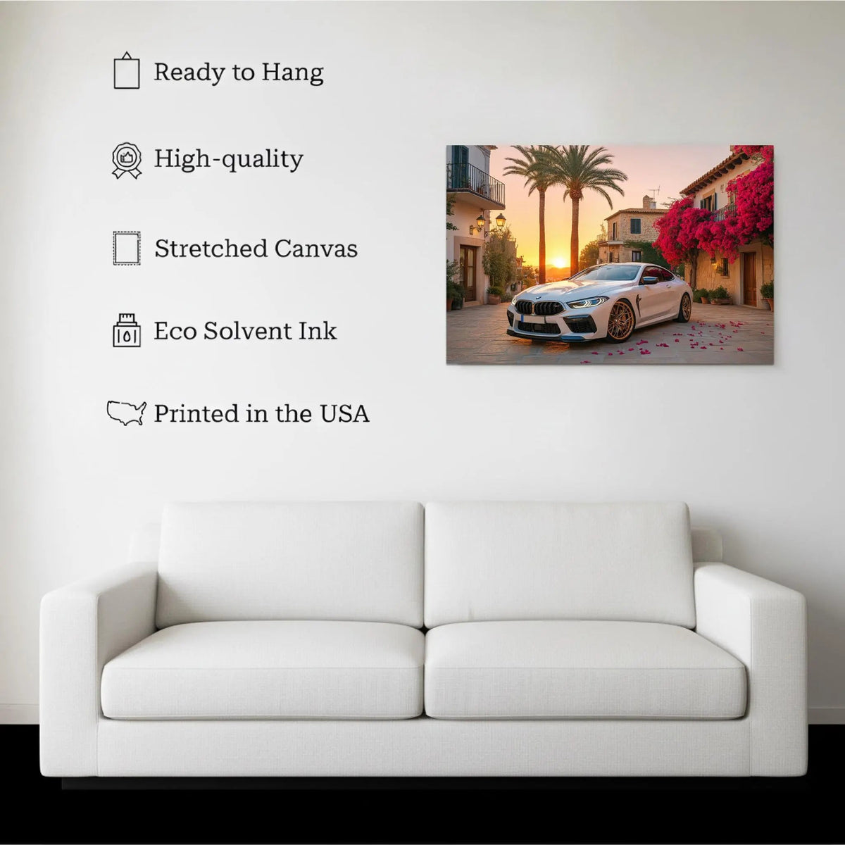 Sunset Boulevard canvas hanging on a living room wall above a white sofa
