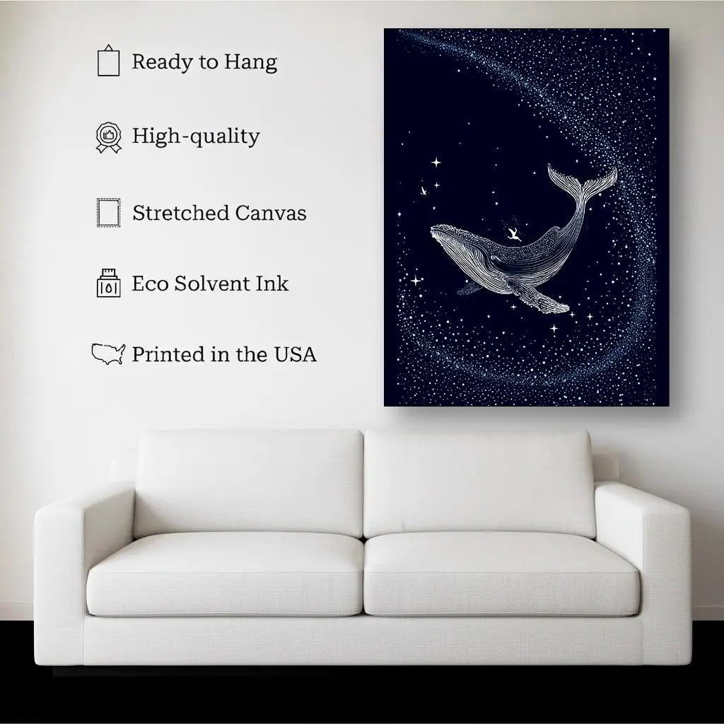 Cosmic Whale canvas hanging on a living room wall above a white sofa