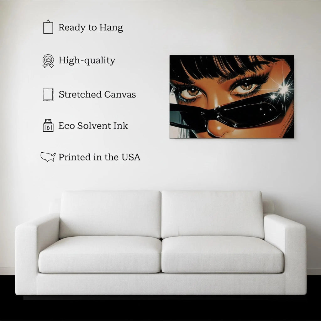 Retro Sunglasses Girl canvas hanging on a living room wall above a white sofa